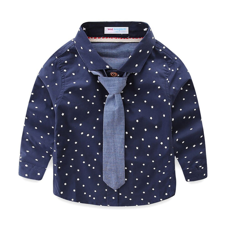 Mudkingdom Boy Shirts with Tie Cute Stars Prints Long Sleeve Dress Shirt for Boys Tops Kids Clothing Children Formal Shirts