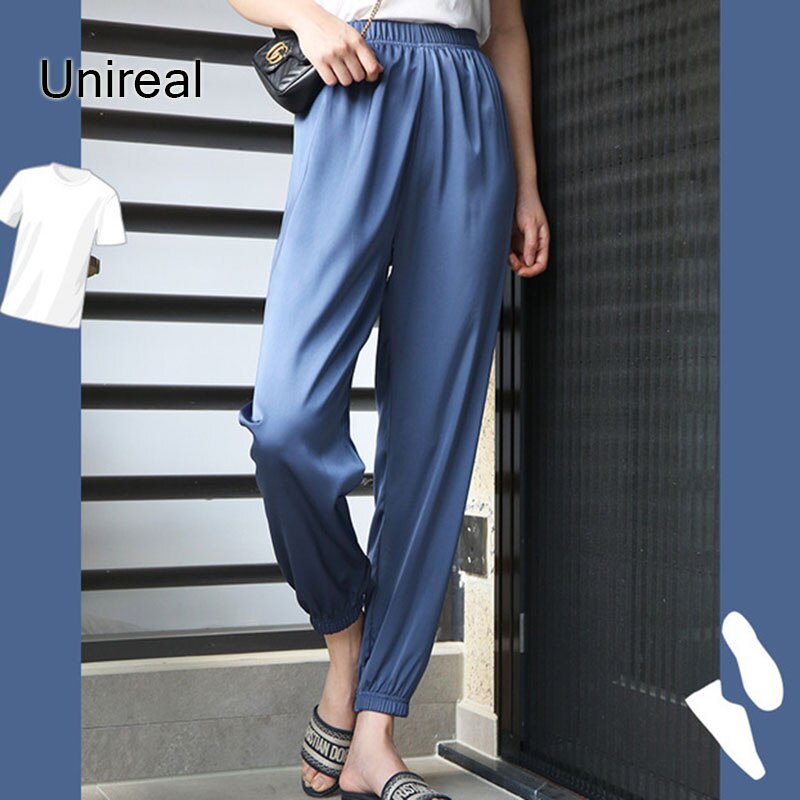 Unireal 2022 Summer Satin Harem Pants Women High Waist Casual Pants New Fashion Thin Loose Female Sweatpants