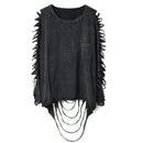 Street-Punk-Mode Damen T-Shirt mit Löchern, Persönlichkeit, Quasten und Taschen, locker geschnitten, gewaschene Baumwolle, Damenbekleidung