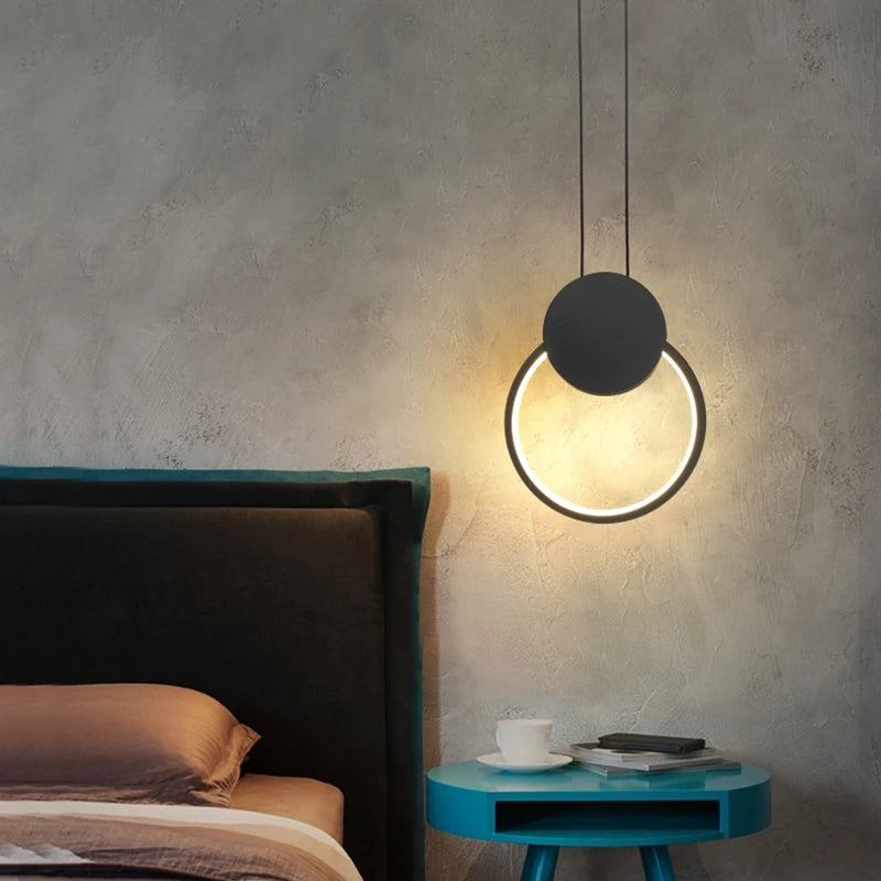 Minimalist Black Ring Pendant Lamp with Long Wire Dimmable LED Ceiling Hanging Light for Restaurant Bedroom Bedside Decor lamp