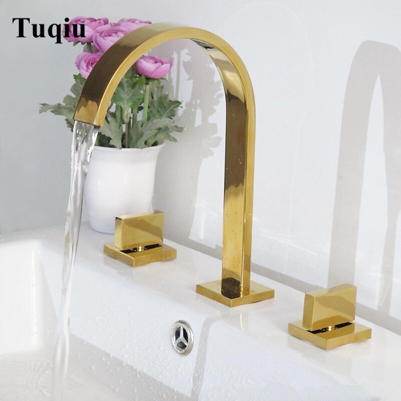 Basin Faucet Chrome/gold/black Deck Mounted Square Brass Faucet Bathroom Sink Faucet 3 Hole Double Handle Hot And Cold Water Tap