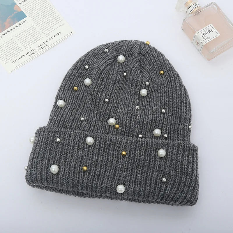 Winter Knitted Beanie Women Fashion Rhinestone Pearls Knitting Hats Ladies Casual Skullies Cap Female Solid Color Casual Bone