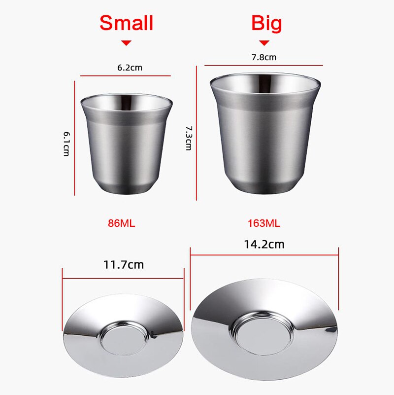 Stainless Steel Espresso Cups Set of 2 - Double Wall Insulated Metal Espresso Cups Travel Espresso Cup Glass Sets With Spoon