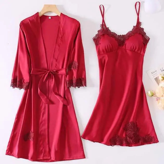 Satin Robe Set Sexy Female Sleepwear Summer Kimono Bathrobe Lace Trim Bride Bridesmaid Dressing Gown Casual Nightgown