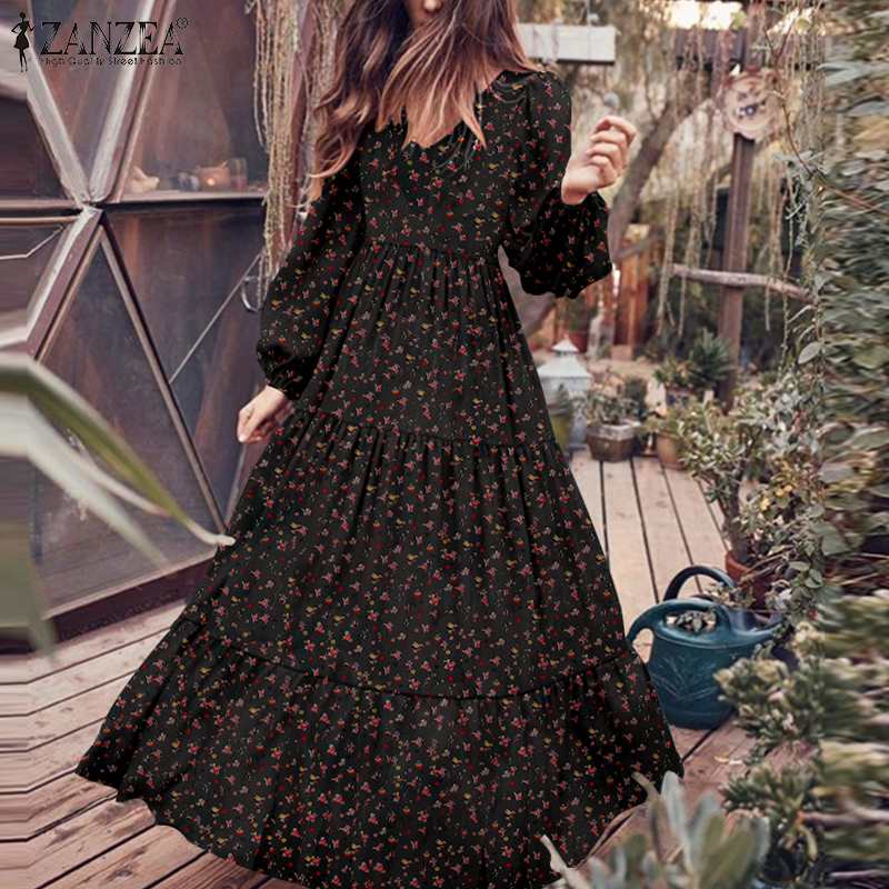 Women's Autumn Sundress ZANZEA 2023 Fashion Ruffle Maxi Dress Casual Puff Sleeve Tunic Vestidos Floral Print Robe