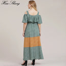 5XL Plus Size Boho Dress Women 2019 Summer Ruffles Slash Neck Cold Shoulder Beach Dress Floral Print Contrast Maxi Long Dresses