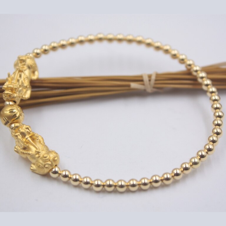 999 24K Yellow Gold Bracelet Real Gold Chain Lucky Pixiu and silver 3mm Beads For Women Girl Best Gift