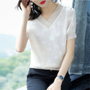 Damen Frühling Sommer Stil Chiffonblusen Hemden Damen Lässige Kurze Puffärmel V-Ausschnitt Lose Chiffonblusen Oberteile ZZ0843