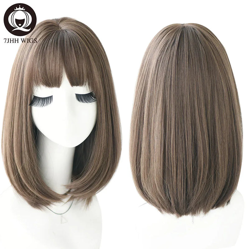 7JHH WIGS Omber Brown Wigs With Side Bangs For Girl Bob Straight Hair Fashion Noble Heat Resistant Synthetic Wigs Women