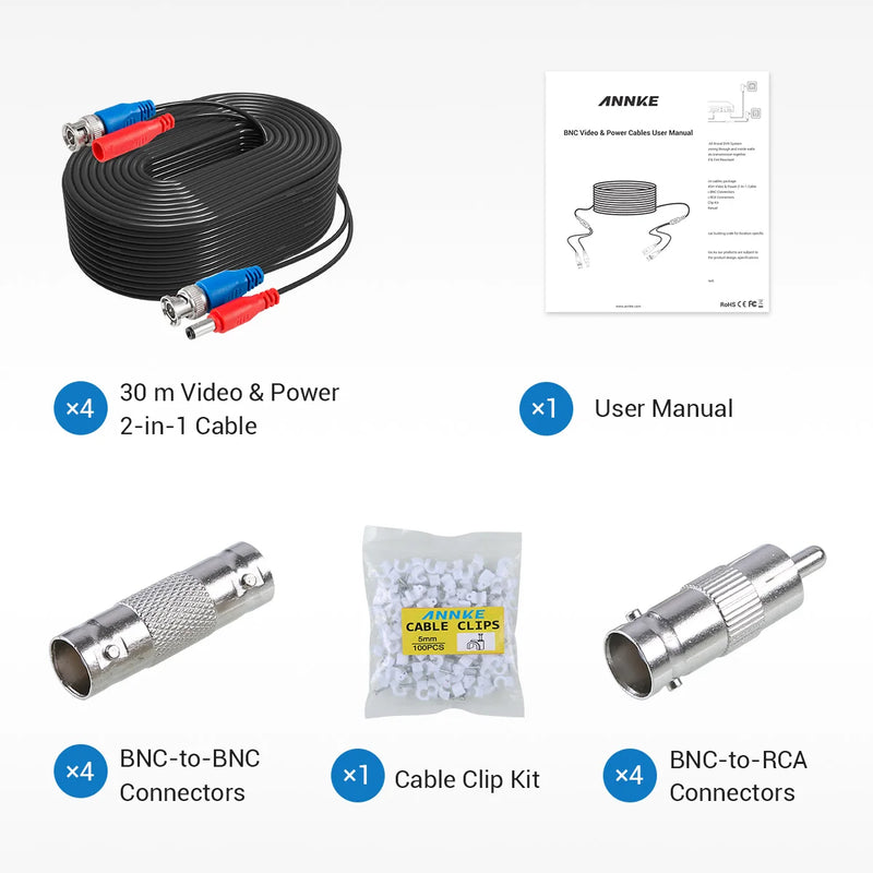 Sannce 4PCS a Lot 30M 100 Feet CCTV BNC Video Power Cable For CCTV AHD Camera DVR Security System Black Surveillance Accessories