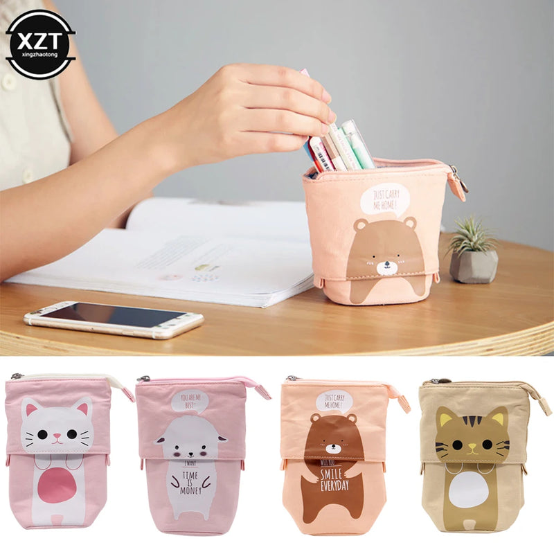 Canvas Cartoon Cute Pencil Bag Retractable Fabric Pencil Case Fold Standing Holder Kawaii Stationery School Supplies Kids Gift