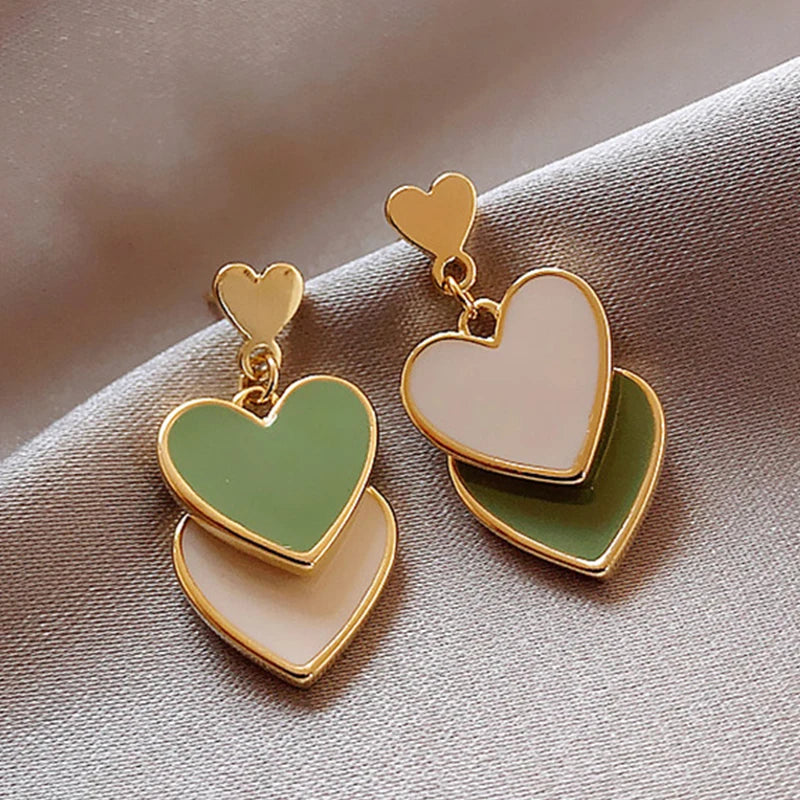 Hot Trendy Cute Heart Earrings Fashion Jewelry White Green Asymmetry Heart Drop Earrings For Women Korean Statement Earrings
