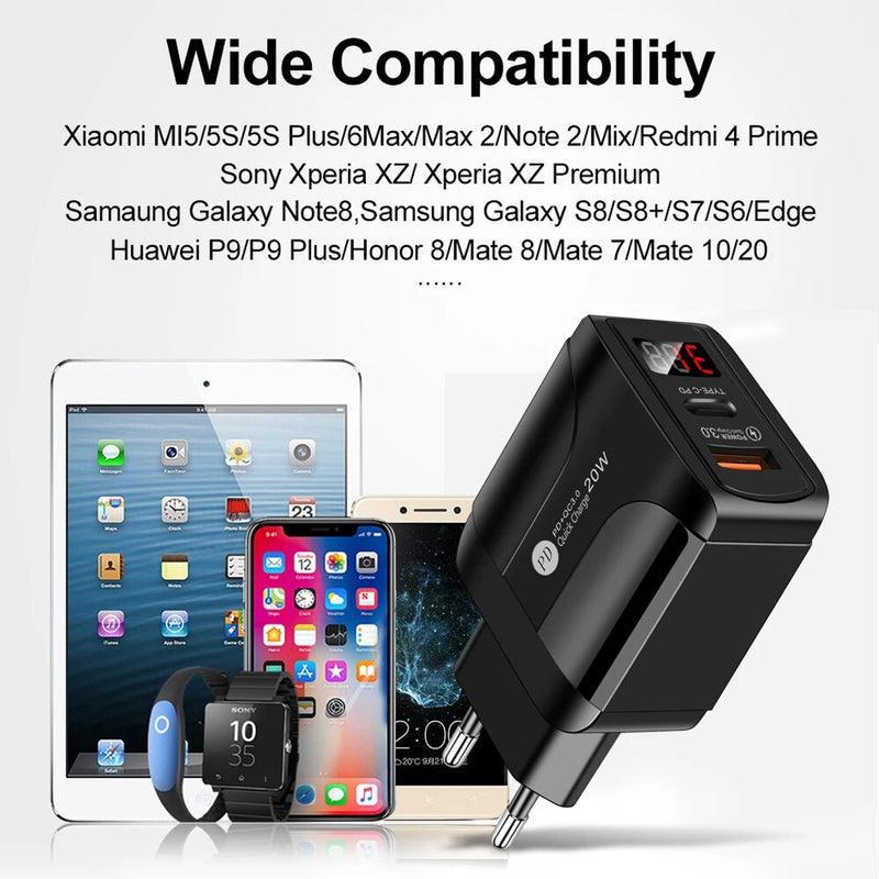Quick charge 3.0 QC Dual USB PD USB-C Charger Digital Display Fast Charger for iPhone 12 7 Xiaomi Samsung Huawei Wall Chargers