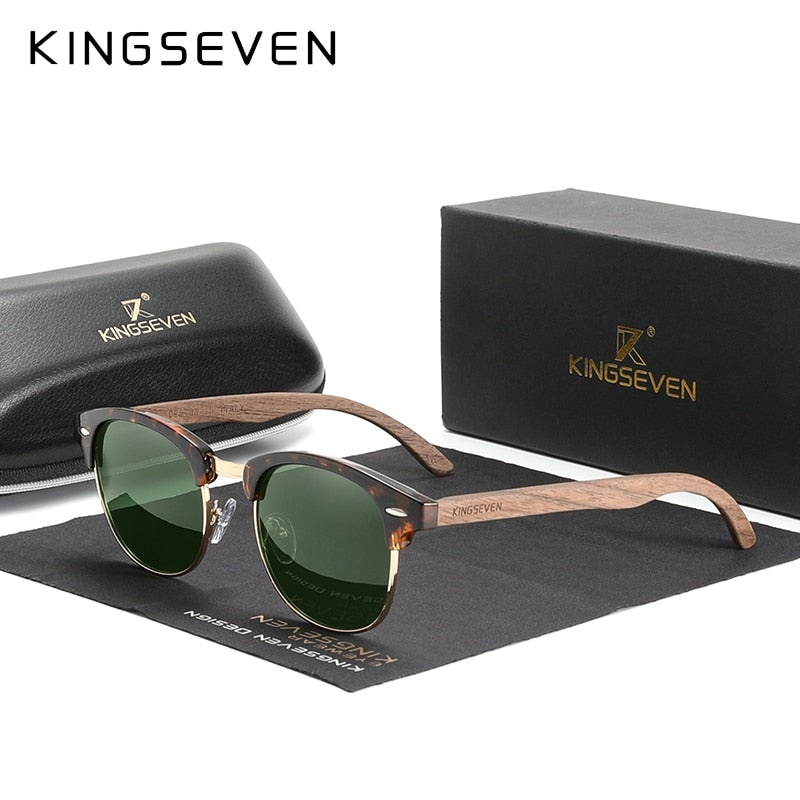 KINGSEVEN Handmade 2022 Black Walnut Wooden Sunglasses Men Polarized UV400 Protection Semi-Rimless Retro Eyewear Women Oculos