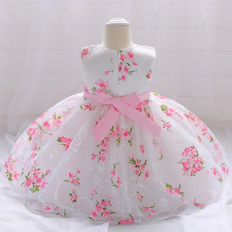Summer Pink Flower Baby Girl Party Dresses 1st Birthday Wedding Princess Kids Dress for Girls Newborn Bridemaid Evning Ball Gown