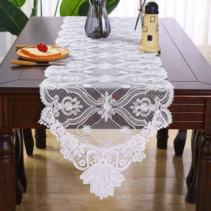 Luxury European Lace Embroidery White Table Runner TV Wall Cabinet Refrigerator Piano Cover Home Christmas Party Camino De Mesa