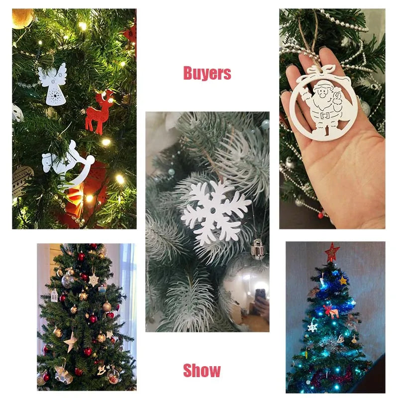 5pcs+1m hemp rope Christmas Tree Ornament Wooden Hanging Pendants Christmas tree snow angel Star Christmas Decorations for Home