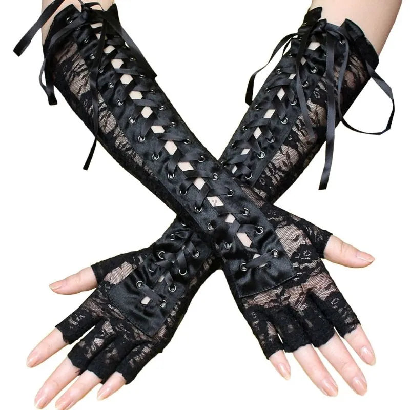 Women Sexy Lace Long Gloves Winter Elbow Length Half-finger Gloves Ribbon Fingerless Fishnet Mesh Etiquette Party Goth Gloves