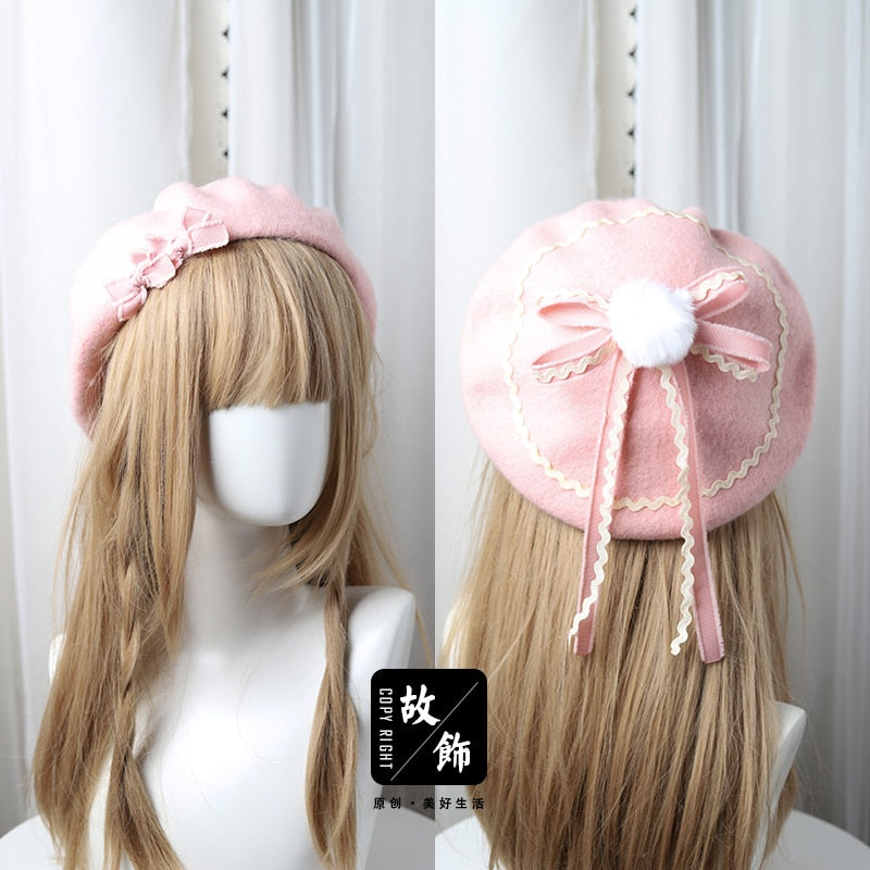 10 Colors Lolita Berets Wool Blend Hat Girls Bow Ribbon Fur Ball White Brown Pink Red Lady Sailor Style Preppy Chic Students Cap