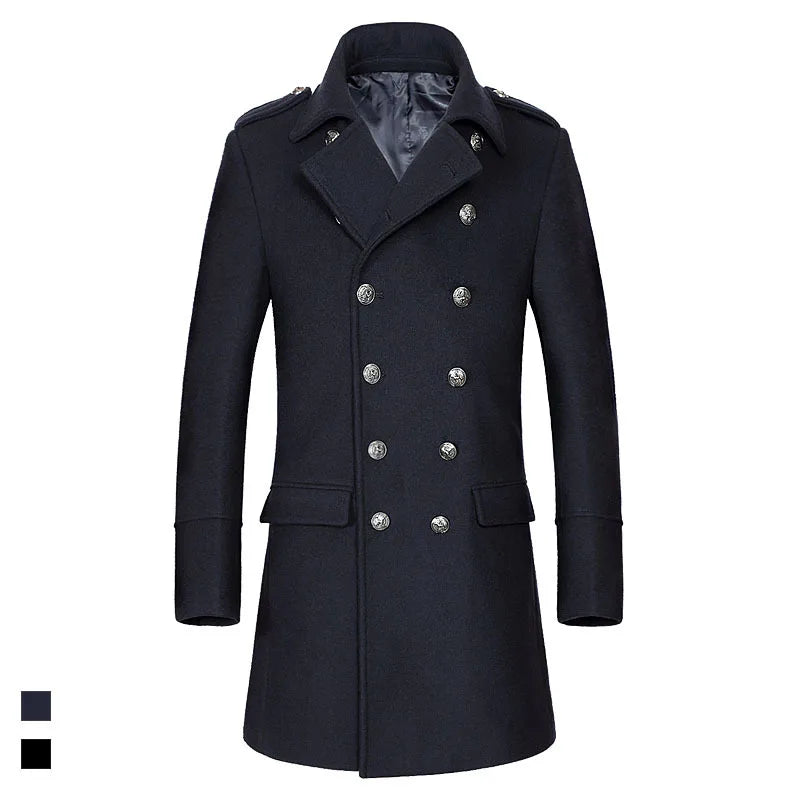 Navy blue wool coat business casual brand clothing 2019 winter luxury high quality thick warm double row button men's slim coat