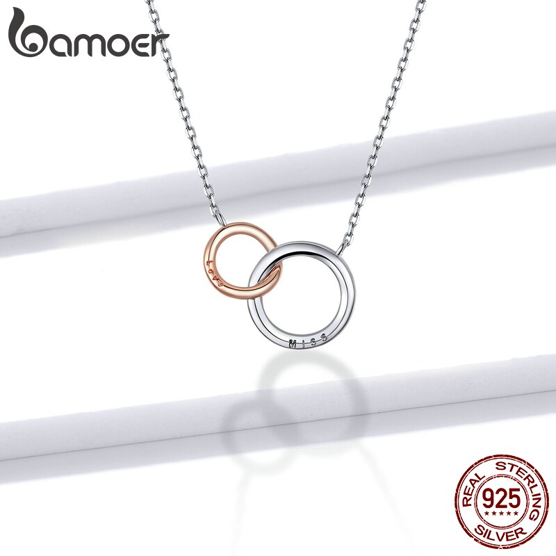 bamoer Double Circle Chain Necklace for Women Rose Gold Color 925 Sterling Silver Miss &amp; Love Wedding Fine Jewelry BSN159