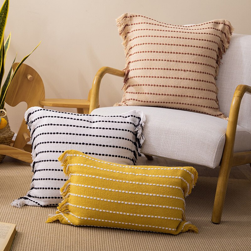 Cushion cover Tassels pillow cover Mustard Ivory Black Cotton Woven Stripe for Home decoration Sofa Bed 45x45cm/30x50cm/50x50cm