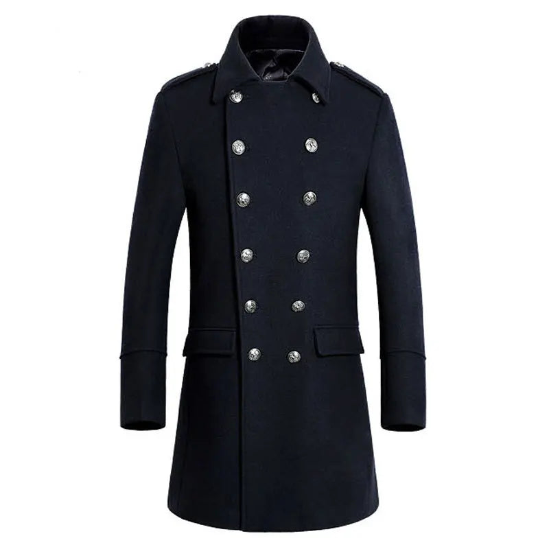 Navy blue wool coat business casual brand clothing 2019 winter luxury high quality thick warm double row button men's slim coat