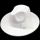 NEW white Wool Women feather Fedora Hat For Winter Autumn ElegantLady Floppy Cloche Wide Brim men Jazz Caps