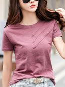 Short Sleeve Summer Women Ribbed Cotton Tee-Shirts Female Button Loose Casual Fashion T-Shirts 2023 Blue O-Neck Korea Tops S-3XL