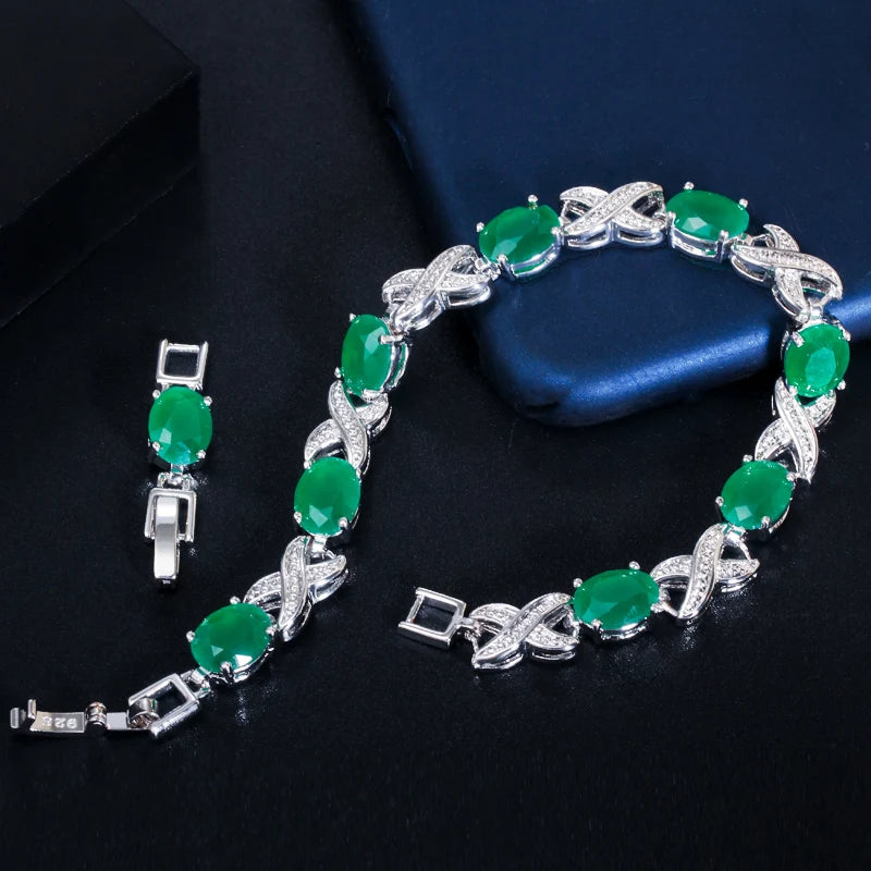 CWWZircons 2022 New Trendy Jewelry Elegant X Cross Oval Green CZ Crystal Ladies Party Tennis Bracelet with Extender CB210