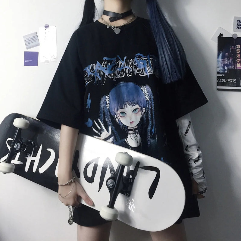 Gothic Clothes Loose T Shirts Harajuku Style Print Anime Tshirt Streetwear Female Short Sleeve Woman T-shirt E Girl Clothes