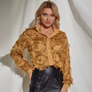 DUYIT Long-Sleeved Shirt Female Design Sense Retro Lapel Three-Dimensional Flower Fringe Embossed Pattern Top Thin Shirt