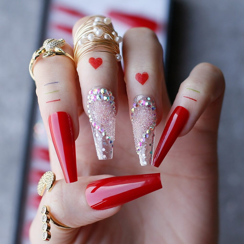 Valentine nails Luxury Coffin Love nails Red Acrylic False nails Logo customization Pink caviar AB Glitter transparent nail gel