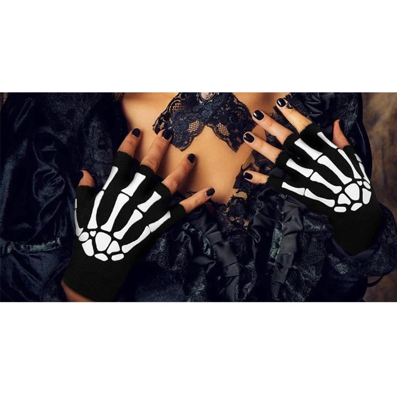 Unisex Half-finger Skull Skull Halloween Gloves, Winter Use, Luminous Fingerless Gloves, Knitted, Cycling，Skating On Foot