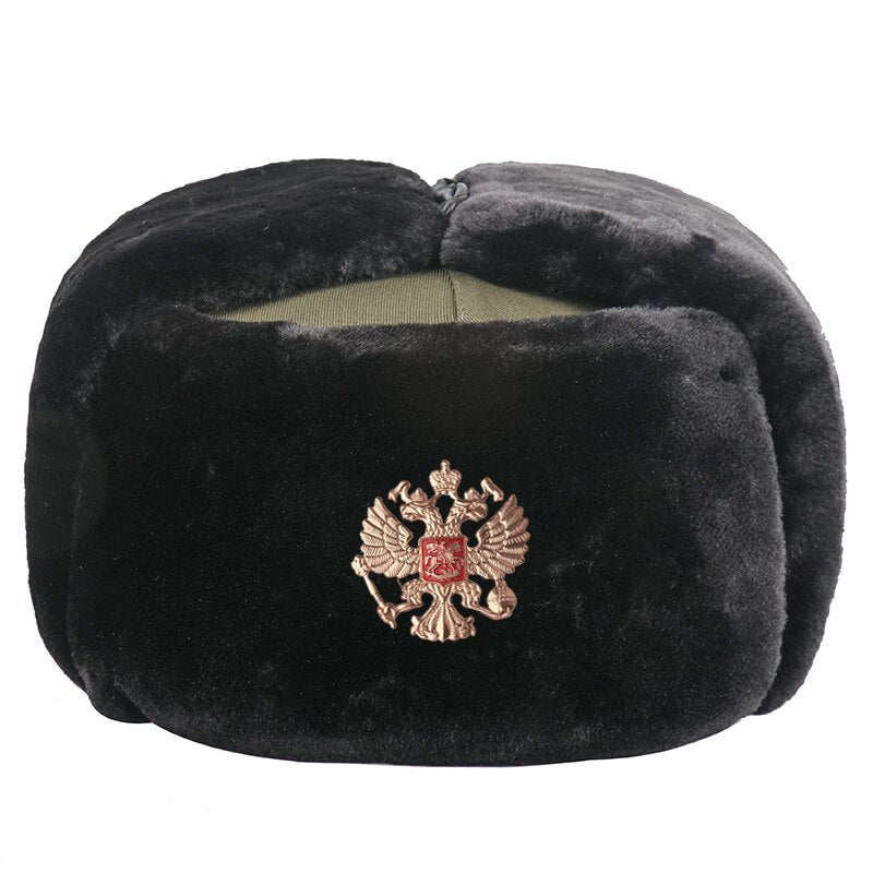 Soviet Badge Russia Ushanka Men Winter Bomber Hats Pilot Faux Fur Earflap Trapper Trooper Hat Russian National Emblem Snow Hats