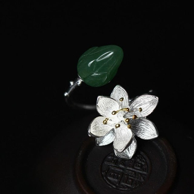 925 Sterling Silver Natural jade Lotus Flower Open Rings For Women Nation Style Lady fine Jewelry flyleaf