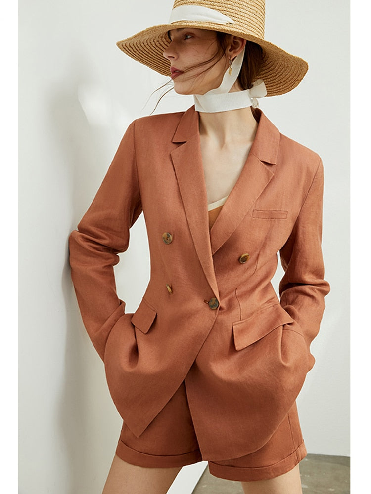 AMII Minimalism Autumn Women Solid Lapel Double Breasted Suit Coat High Waist Solid Pant Solid Short 12040051