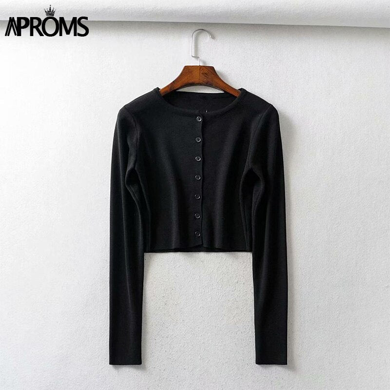 Aproms Candy Color Ribbed Knitted Cardigan Women Autumn Spring Long Sleeve Basic Cropped Sweaters Female Casual Short Jumper Top