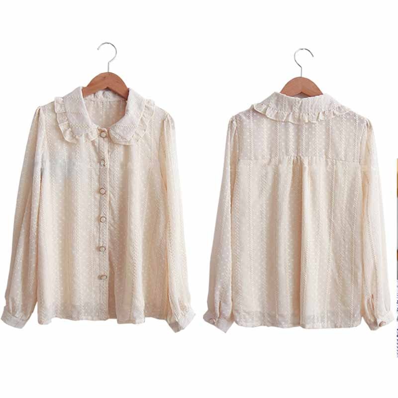 Doll Collar Sweet Chiffon Shirts Women Blouses 2023 Autumn Long Sleeve Fashion Dot Shirt Blusas Ladies Casual Tops 3XL 10351