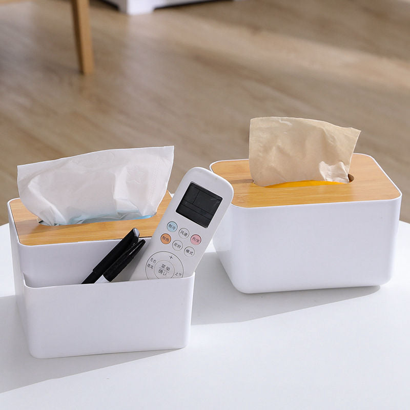 Multifunctional Bamboo Cover Tissue Box Creative Desktop Pumping Box Household Living Room Simple Plastic Napkin Storage Box