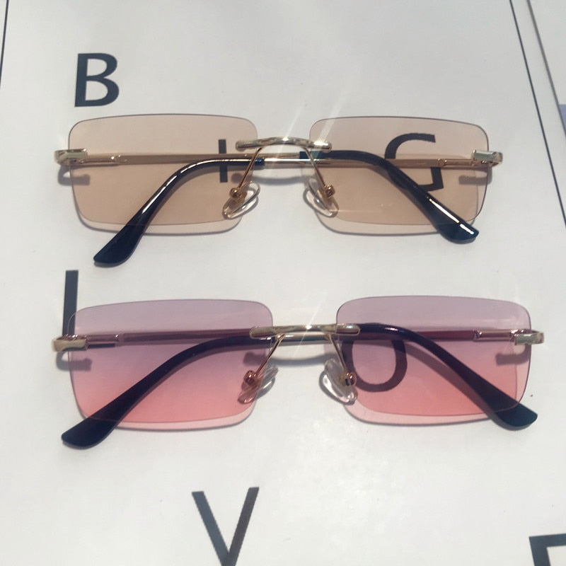 Rimless Alloy Small Square Sunglasses For Women Vintage Ins Hot Gradient Clear Sun Glasses Female Uv400 Shades Hip Hop Eyewear