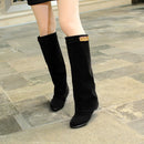 Women Boots Buckle Belt Flock Leather Low Heel Women's Boot Autumn Winter Loose Shoes Female Black Booties knee high Boots 33-43