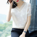 Damen Frühling Sommer Stil Chiffonblusen Hemden Damen Lässige Kurze Puffärmel V-Ausschnitt Lose Chiffonblusen Oberteile ZZ0843