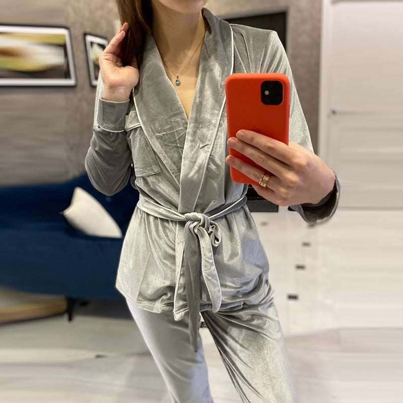 HECHAN Gray Velvet Pajamas Warm Long Sleeve Home Suit For Women Two Piece Set Thick Sleepwear Set Night Suit Sets Autumn Female