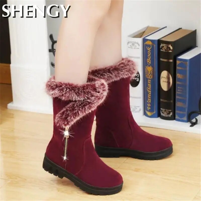 Winter New Women Boots Flock Solid Color Zipper Ladies Snow Shoes Non-Slip Platform Shoes Sweet Mid-Calf Boots for Females