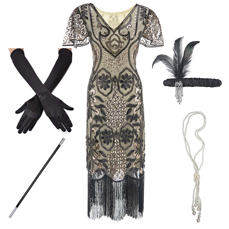 1920s Flapper Roaring Plus  Size 20s Great Gatsby Fringed Sequin Beaded Dress and Embellished Art Deco Dress Accessories XXXL