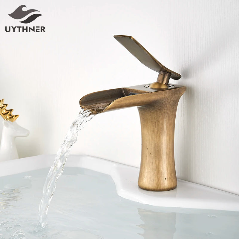 Basin Faucets Waterfall Bathroom Faucet Single handle Basin Mixer Tap Bath Antique Brass Faucet Sink Water Crane Silver Taps