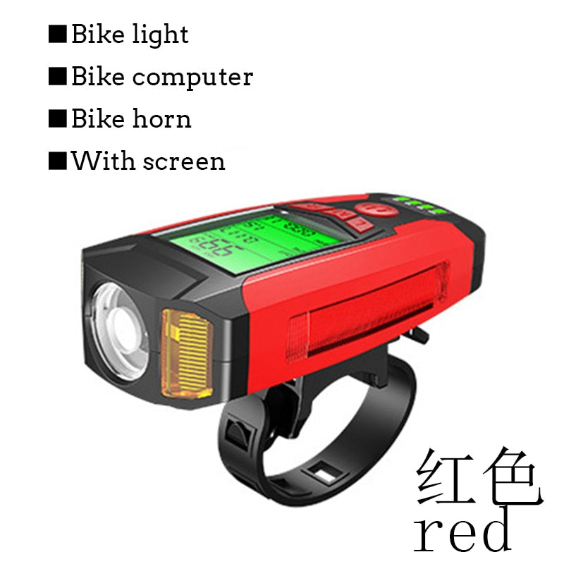 3 in 1 USB Bicycle Flashlight 5 LED Bicycle Computer/Horn Bike Front Light IPX4 Waterproof Headlight Odometer Bike Accessories