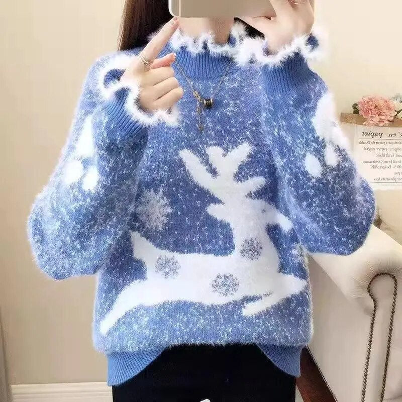 Christmas Sweater Women Reindeer Turtleneck Winter Clothes Mink Cashmere Sweaters Pull Femme Korean Pullover Kawaii Jumper 2023