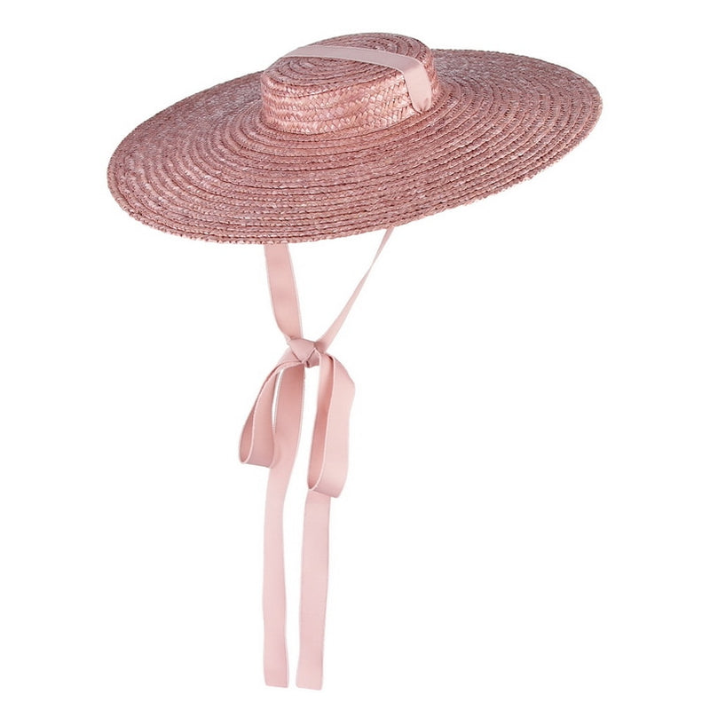 GEMVIE 4 Color Wide Brim Flat Top Straw Hat Summer Hats For Women Ribbon Beach Cap Boater Fashionable Sun Hat With Chin Strap